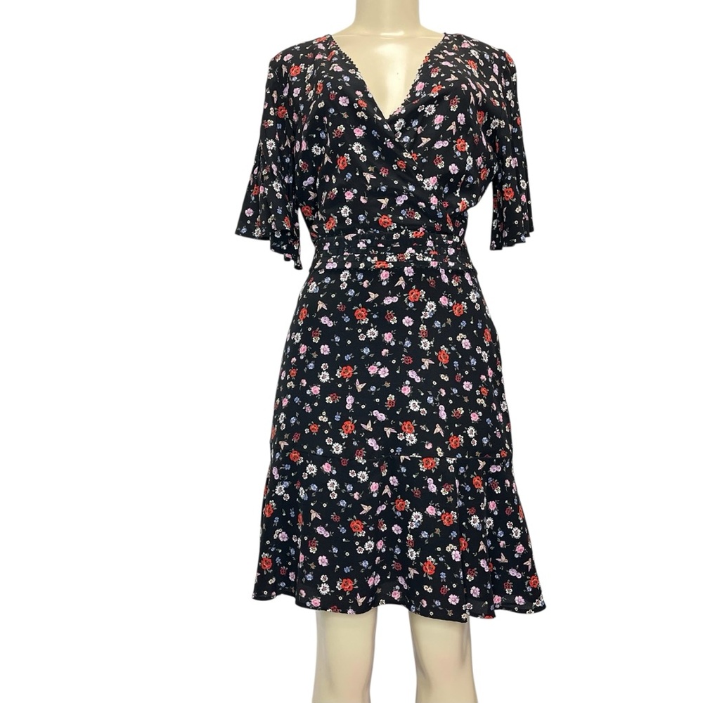 The Kooples Black Multi Mini Floral Flutter Sleeve Flounce Hem Silk Dress Size M